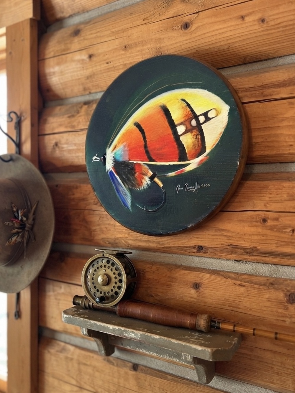 Joe Dowell Original Wood Painting Fly Fishing Lure Angling Wall Art Cabin Lodge
